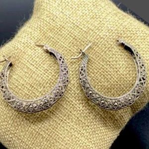 Vintage Sterling Silver Marcasite Cut Out Hinge Back Classic Hoops Earrings